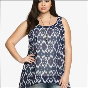 Torrid Navy Ikat Print Chiffon High-Low Tank Top-Size 3